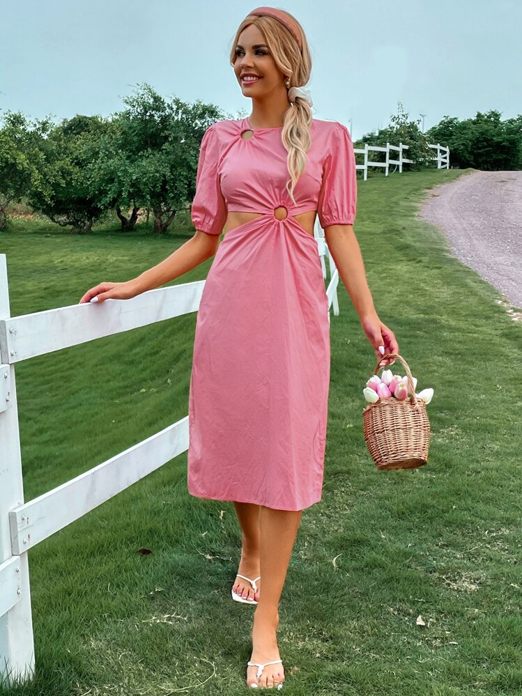 Vestido vinculado con aro con abertura de manga farol - Rosa - Añade 6