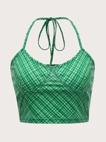 格紋後綁帶掛脖上衣 - 綠色 - 查看 1