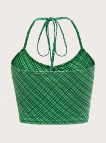 格紋後綁帶掛脖上衣 - 綠色 - 查看 2