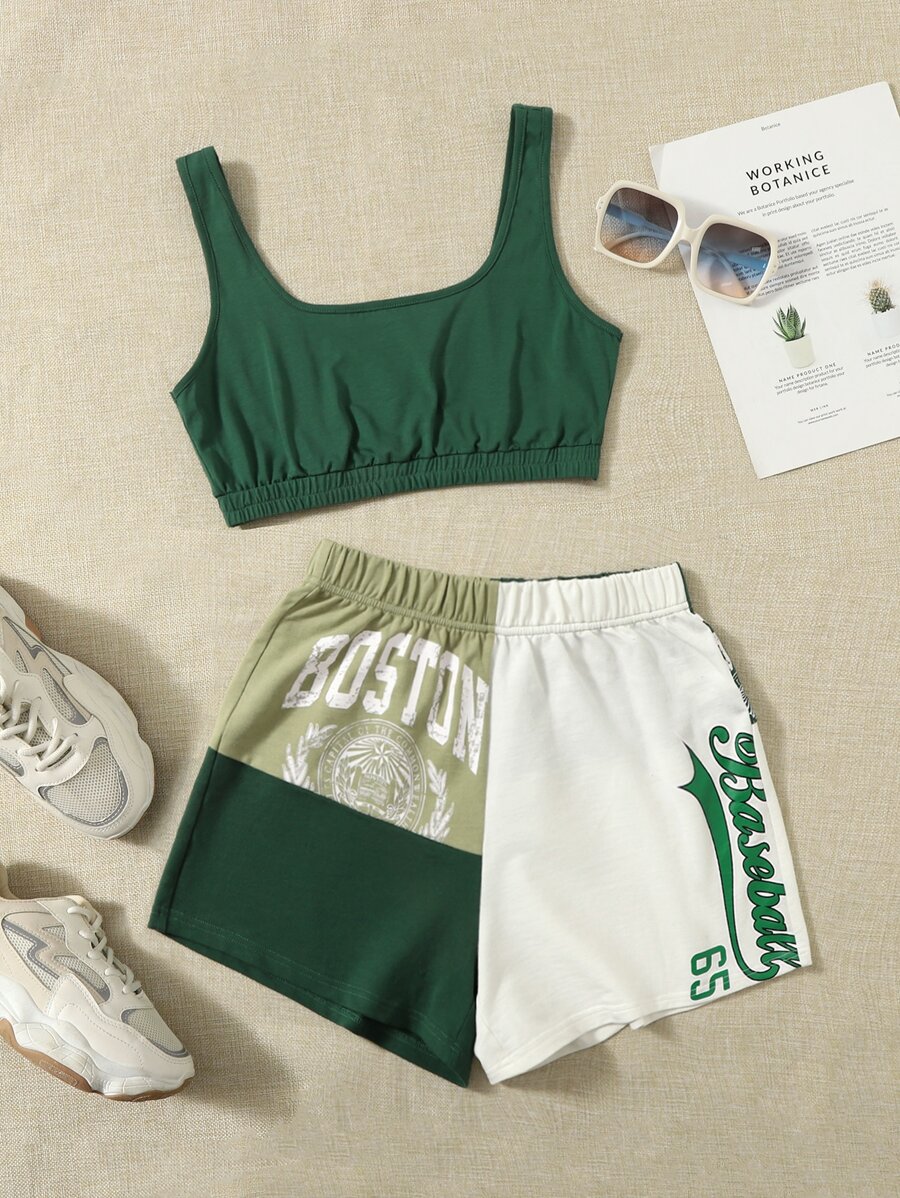 SHEIN EZwear Tank Top & Letter Graphic Colorblock Shorts