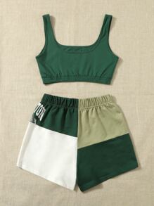SHEIN EZwear Tank Top & Letter Graphic Colorblock Shorts