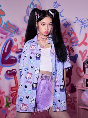 Kawaii Cartoon Graphic Button Front Shirt