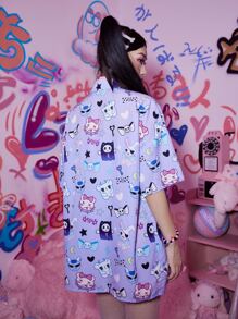 ROMWE Kawaii Camisa con estampado de dibujos animados con botón delantero - Morado - Ver 2