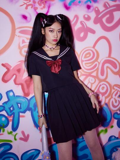 J-Fashion Bow Front Sailor Collar Top & Pleated Skirt, School