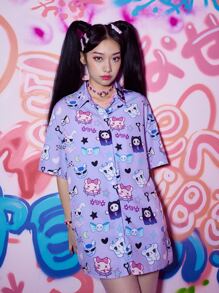 ROMWE Kawaii Camisa con estampado de dibujos animados con botón delantero - Morado - Ver 3