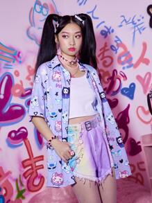 ROMWE Kawaii Camisa con estampado de dibujos animados con botón delantero - Morado - Ver 4