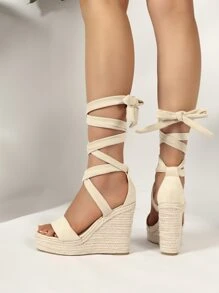Vacation Apricot Sandals For Women, Tie Leg Design Espadrille Strappy Wedge Sandals