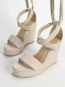 Vacation Apricot Sandals For Women, Tie Leg Design Espadrille Strappy Wedge Sandals