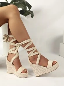Vacation Apricot Sandals For Women, Tie Leg Design Espadrille Strappy Wedge Sandals