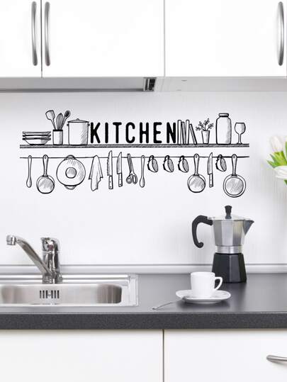1pc Letter Graphic Kitchen Sticker, Black PVC Wall Art Decal For Home Decor, Stickers, Wall Decal, Vinyl Decal For Home Decorations, Spring Decoration Items Refresh Your Home, Rama Decoration Stickers Gifts Birthday Graduation Kitchen Decor