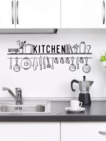 1pc Letter Graphic Kitchen Sticker, Black PVC Wall Art Decal For Home Decor, Stickers, Wall Decal, Vinyl Decal For Home Decorations, Spring Decoration Items Refresh Your Home, Rama Decoration Stickers Gifts Birthday Graduation Kitchen Decor