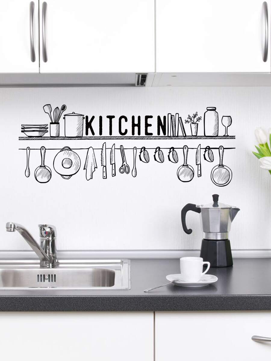 1pc Letter Graphic Kitchen Sticker, Black PVC Wall Art Decal For Home Decor, Stickers, Wall Decal, Vinyl Decal For Home Decorations, Spring Decoration Items Refresh Your Home, Rama Decoration Stickers Gifts Birthday Graduation Kitchen Decor - Multicolor - View 1