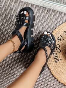 Sporty Black Sandals For Women, Eyelet & Buckle Decor Sport Sandals - Black - View 3