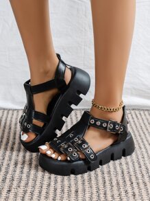 Sporty Black Sandals For Women, Eyelet & Buckle Decor Sport Sandals - Black - View 5
