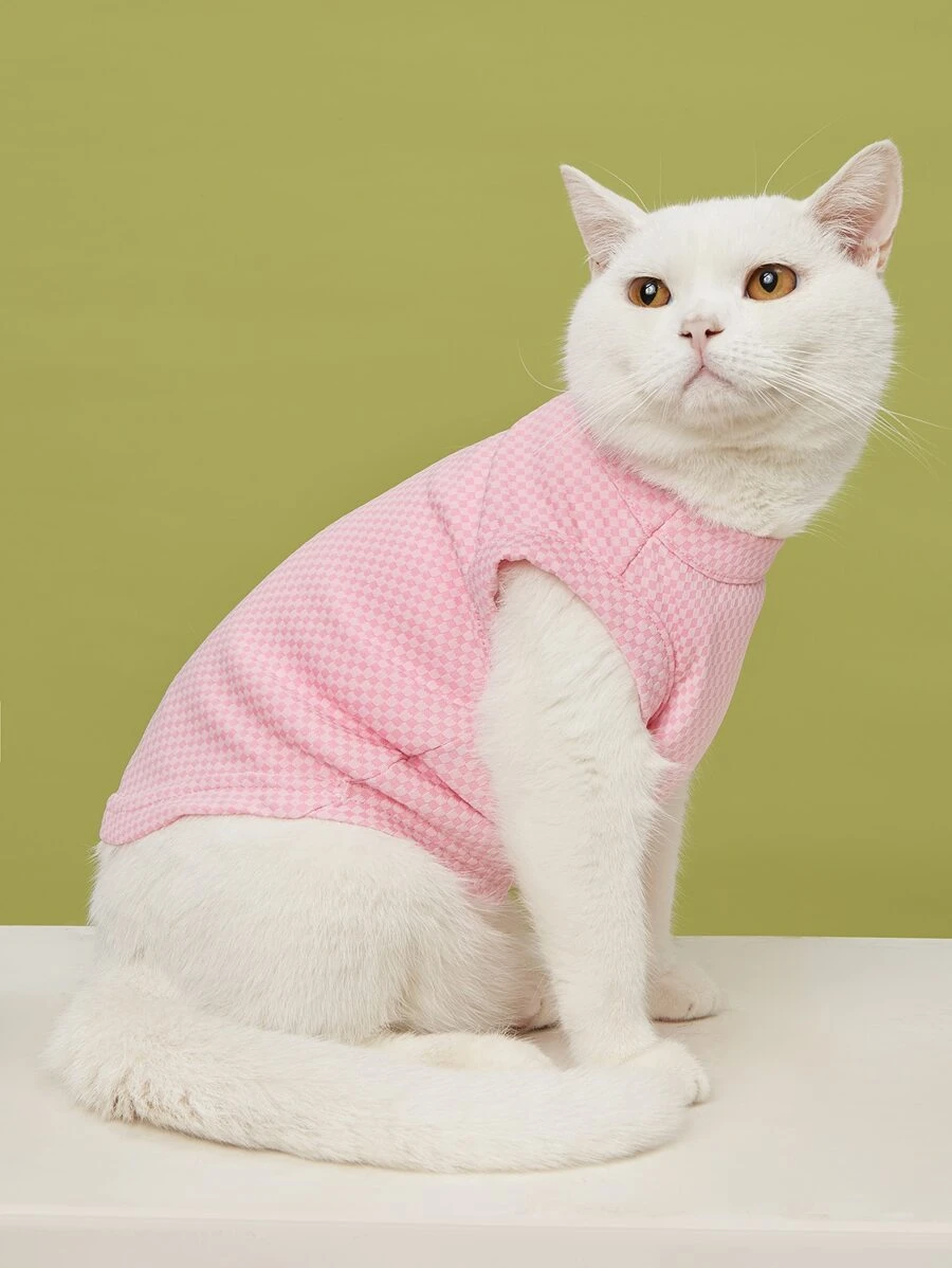 1 pieza Tank de mascota con estampado de cuadros - Rosa - Ver 1