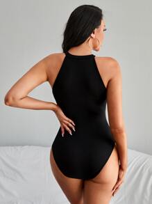 SHEIN SXY Animal & Letter Graphic Halter Bodysuit - Black - View 2