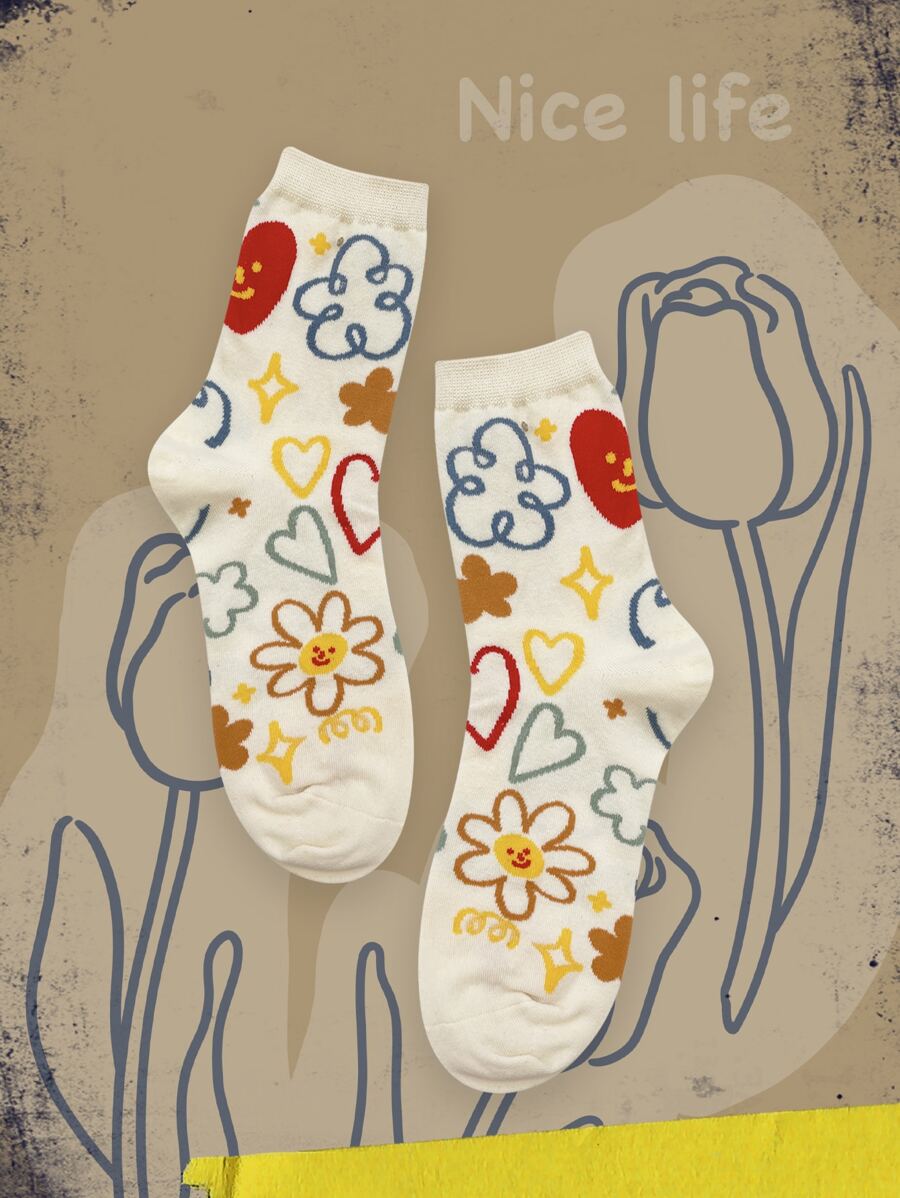 Chaussettes d'équipe à motif cœur et floral, chaussettes d'automne