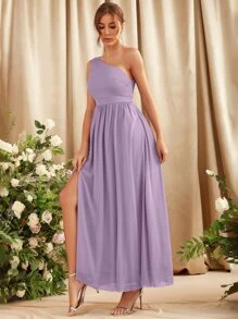 SHEIN Belle One Shoulder Split Thigh Bridesmaid Dress - Lilac Purple - View 3