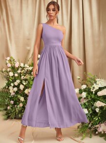 SHEIN Belle One Shoulder Split Thigh Bridesmaid Dress - Lilac Purple - View 4