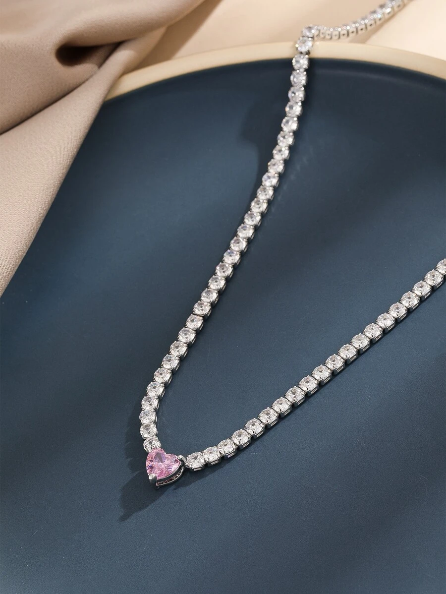 1 件时尚简约铜爪链心形方晶锆石吊坠项链情人节、妈妈、母亲、母亲节、礼物 - 銀色 - 查看 1