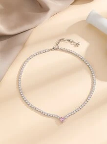 1 件时尚简约铜爪链心形方晶锆石吊坠项链情人节、妈妈、母亲、母亲节、礼物 - 銀色 - 查看 2