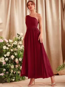 SHEIN Belle 勃艮第红色单肩开叉伴娘礼服