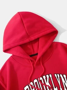 INAWLY 字母图案保暖内衬抽绳短款连帽衫，长袖上衣，毕业季、教师节、返校季套头衫 - 紅色 - 查看 3