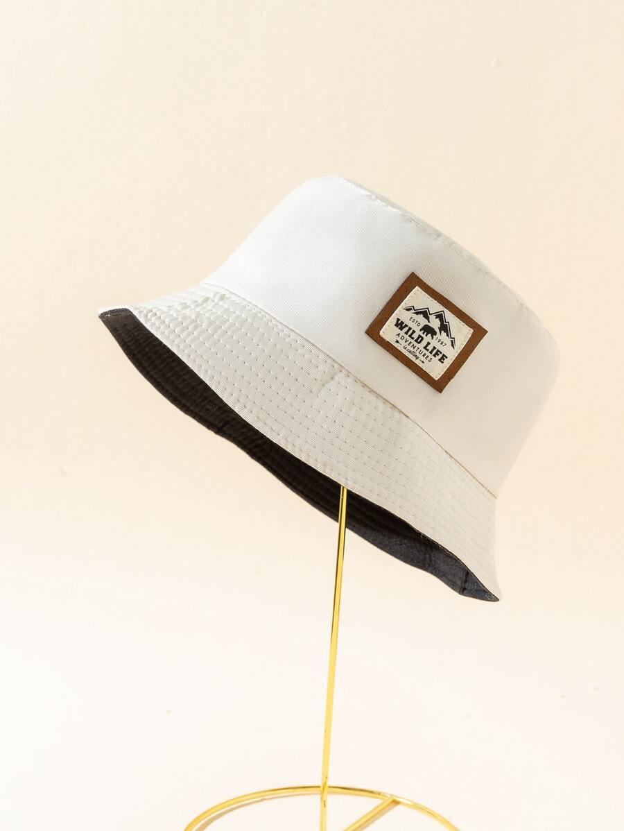 標語拼布裝飾可反轉漁夫帽,街頭風 - 米色 - 查看 1