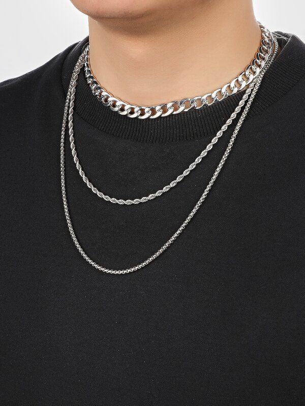 3pcs Men Metal Necklace Punk Hip Pop Style