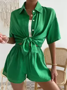 Drop Shoulder Shirt & Elastic Waist Shorts - Green - View 1
