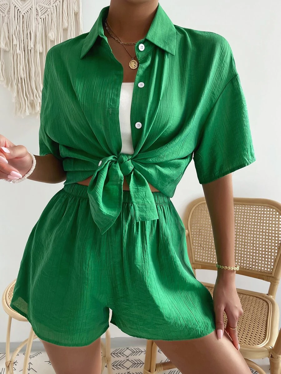 Drop Shoulder Shirt & Elastic Waist Shorts - Green - View 1