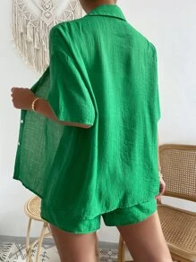 Drop Shoulder Shirt & Elastic Waist Shorts - Green - View 2