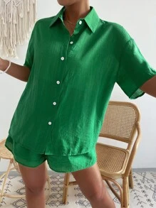 Drop Shoulder Shirt & Elastic Waist Shorts - Green - View 4