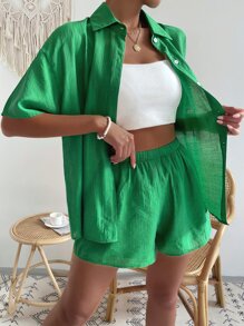 Drop Shoulder Shirt & Elastic Waist Shorts - Green - View 5