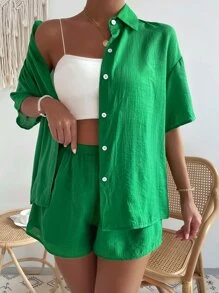 Drop Shoulder Shirt & Elastic Waist Shorts - Green - View 6