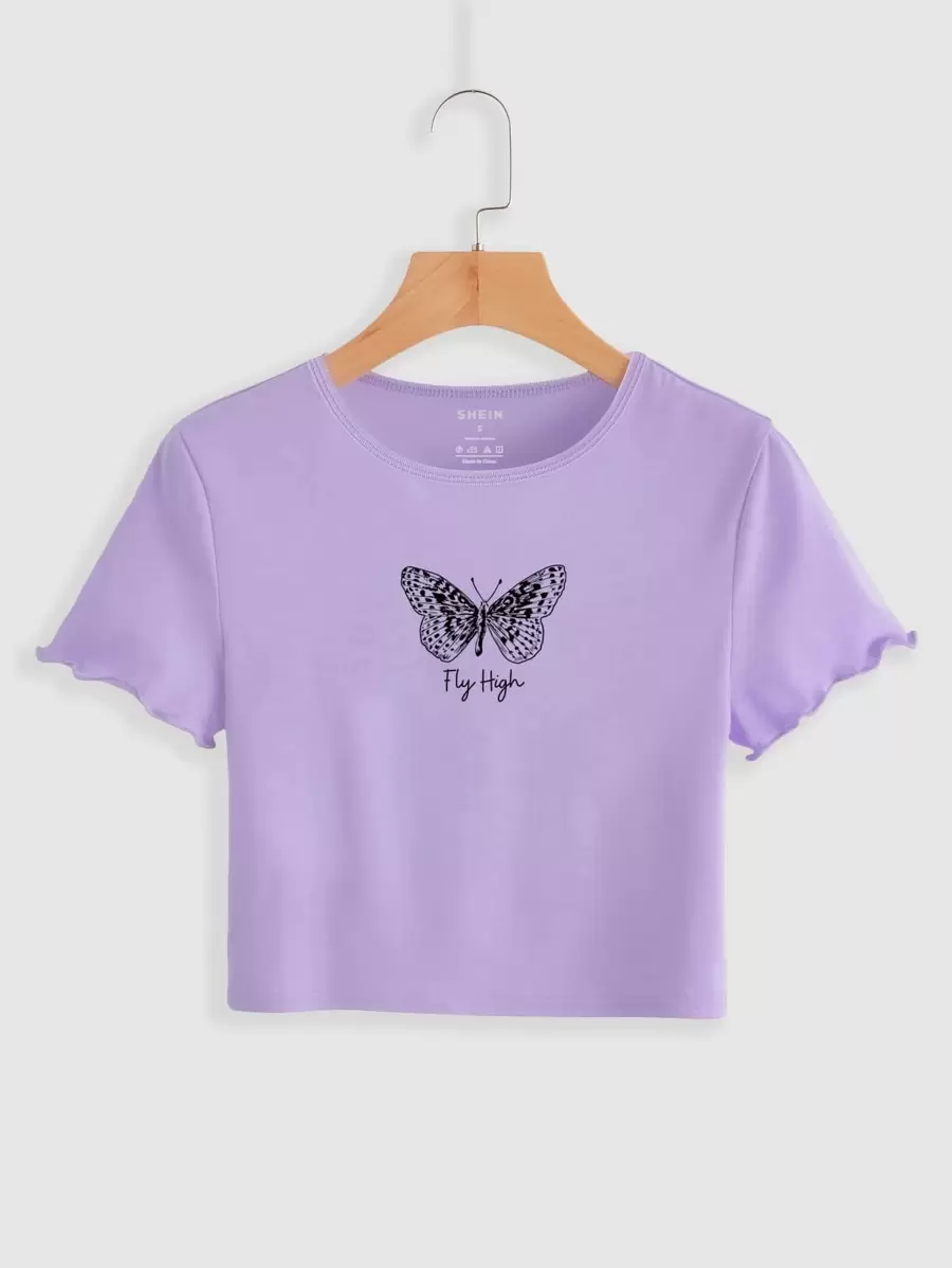 蝴蝶和字母圖案木耳邊短款T恤