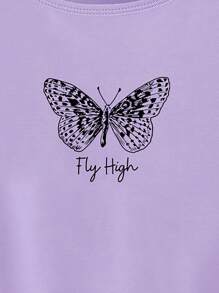 蝴蝶和字母圖案木耳邊短款T恤