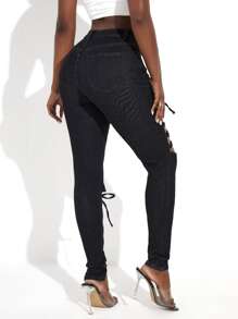 SHEIN SXY Jeans ajustados con cordón panel - Negro - Ver 2