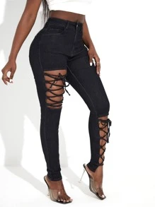 SHEIN SXY Jeans ajustados con cordón panel - Negro - Ver 3