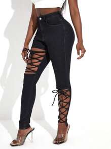 SHEIN SXY Jeans ajustados con cordón panel - Negro - Ver 5