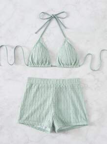 SHEIN Swim Đi biển mùa hè Schiffy Bikini Set Thắt lưng dây áo ngực tam giác & quần short Bikini 2 mảnh - Màu xanh Bạc hà - Xem 3