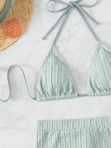 SHEIN Swim Đi biển mùa hè Schiffy Bikini Set Thắt lưng dây áo ngực tam giác & quần short Bikini 2 mảnh - Màu xanh Bạc hà - Xem 5