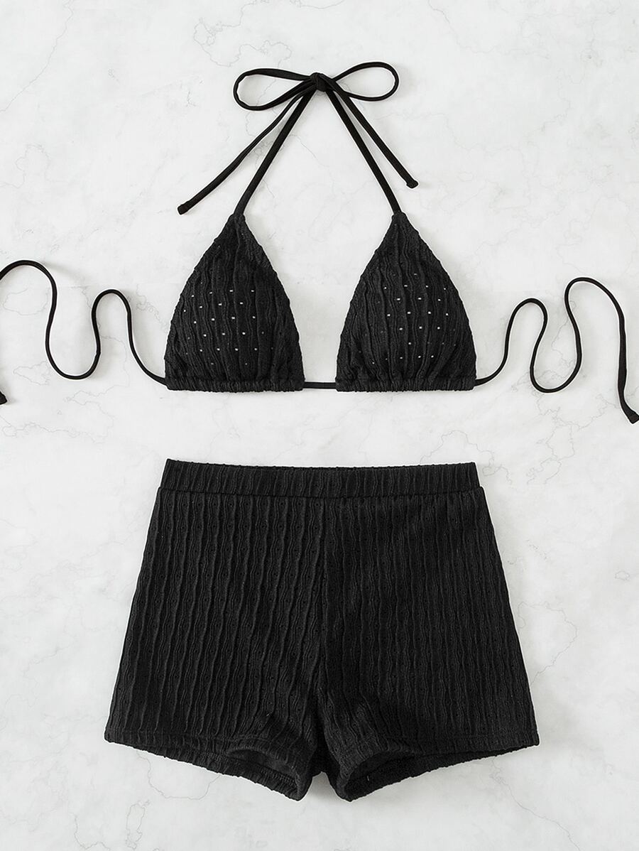 SHEIN Swim Solid Color Textured Bikini For Beach Vacation