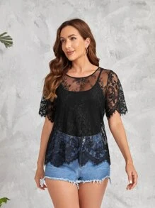 SHEIN Privé Asymmetrical Hem Lace Top Without Cami Top - Black - View 3