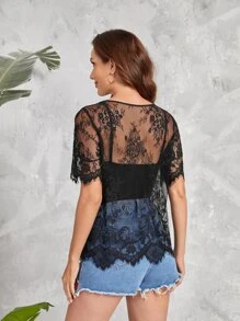 SHEIN Privé Asymmetrical Hem Lace Top Without Cami Top - Black - View 2