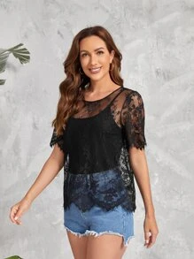 SHEIN Privé Asymmetrical Hem Lace Top Without Cami Top - Black - View 4