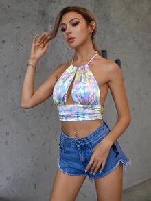 Double Crazy Halterneck Cut-out Ruched Floral Crop Top - Multicolor - View 3