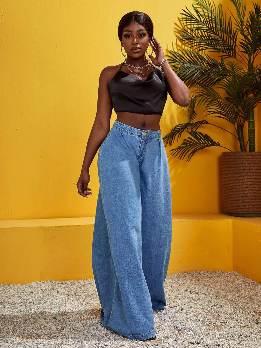 SHEIN SXY 拉鏈門襟闊腿牛仔褲