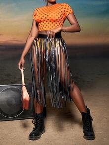 Slaydiva Áo thun nữ Cắt ra màu trơn Gợi cảm - trái cam - Xem 6