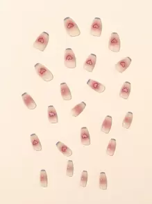 Instantly Upgrade Your Look With 24pcs Long Coffin French Style With Blue Border Love Pattern Blush Fake Nail & 1pc Nail File & 1sheet Tape Press On Nails Nail Supplies - Multicolor - View 3